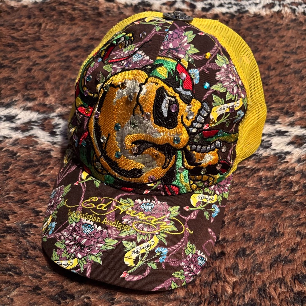 Ed Hardy Brown and Yellow Skull Floral Cap